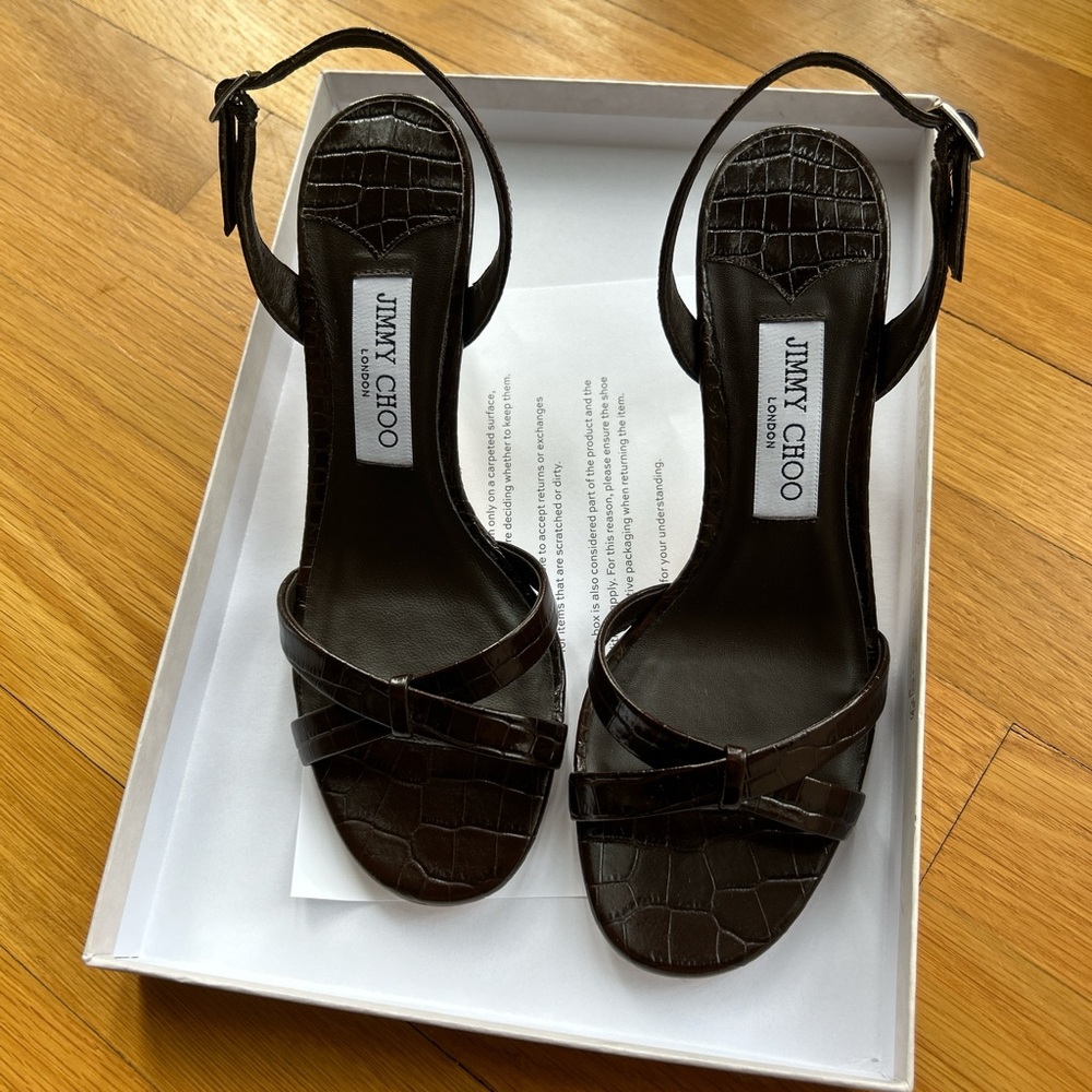 Jimmy Choo Dark Brown Croc-Embossed Ankle-Strap Sandals